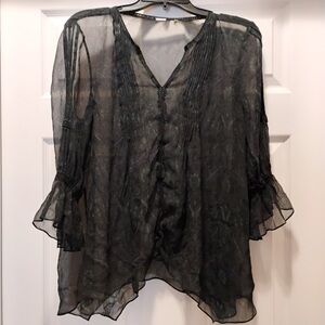 Elie Tahari Sheer Silk Black Green Paisley Gothic Elegance Top Size M